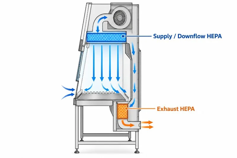 Schematische Darstellung einer mikrobiologischen Sicherheitswerkbank der Klasse II mit Zuluft-/Downflow-HEPA-Filter, Abluft-HEPA-Filter und eingezeichneten Luftströmungswegen.