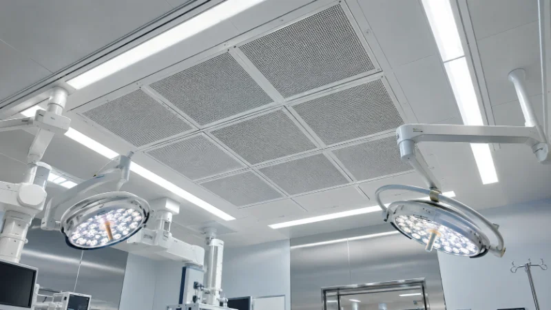 Großflächige OP-Zuluftdecke mit modularen Luftauslässen über dem Operationsbereich und darunter angeordneten Operationsleuchten.