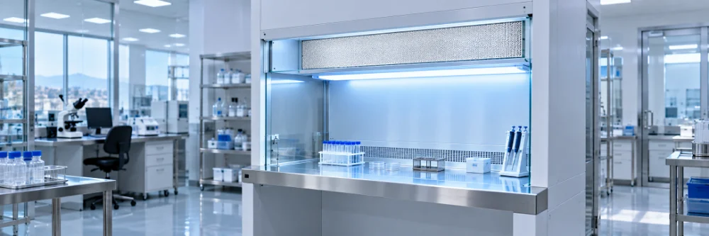 Laminar-Flow-Reinluftwerkbank mit HEPA-Filter in einem hellen Labor.