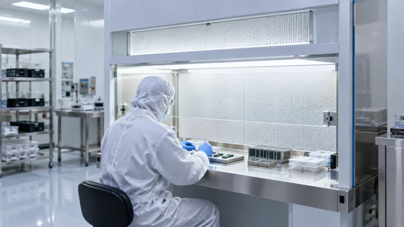 Vertikale Laminar-Flow-Reinluftwerkbank mit HEPA-gefilterter Luft über dem Arbeitsbereich und Bediener in Reinraumbekleidung.