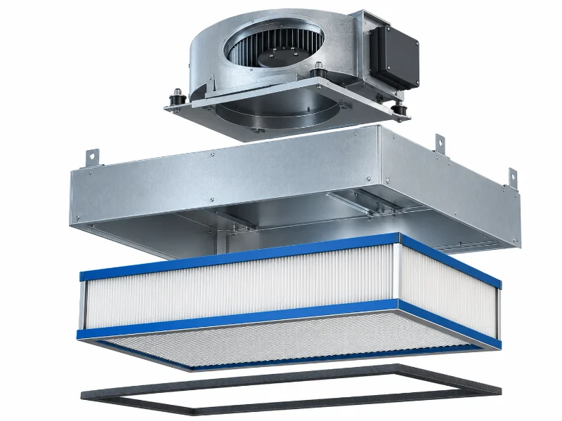 Explosionsdarstellung einer Fan-Filter-Unit (FFU) mit Ventilator, Metallgehäuse, Faltenfilter und Dichtungsrahmen.