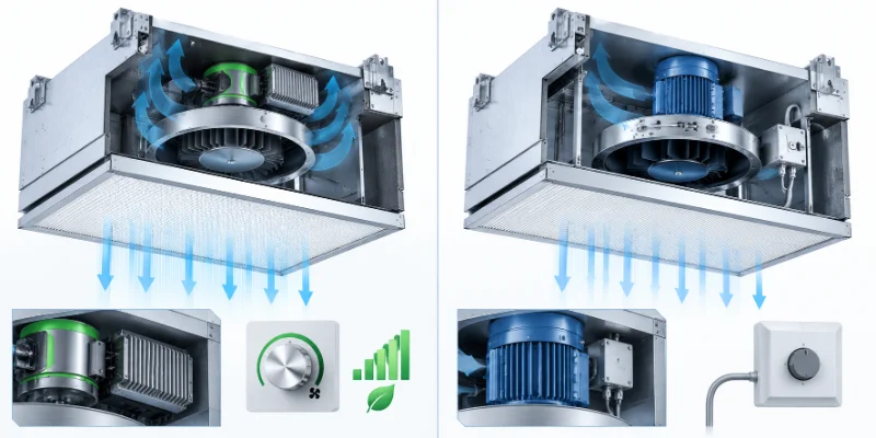Vergleich von FFUs mit EC- und AC-Motoren: Ventilatoraufbau, Steuerungskomponenten und Luftführung im Reinraum.