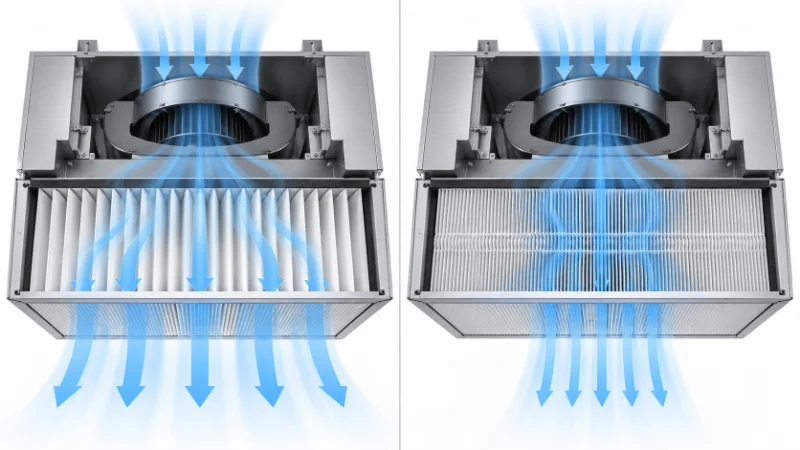 Vergleich der Luftströmung in zwei Fan-Filter-Units (FFUs) mit unterschiedlichem Filteraufbau und nach unten gerichteter Zuluft.