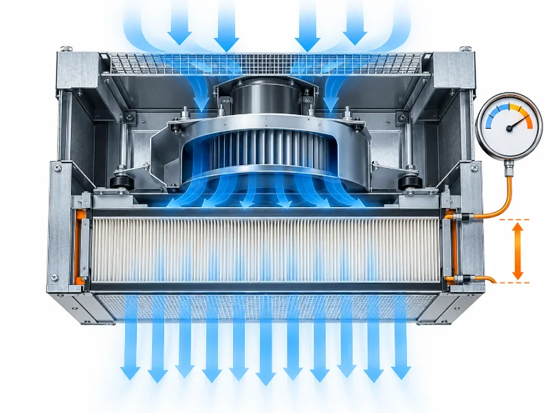 Schnittschema einer Fan-Filter-Unit (FFU) mit Luftstrom durch Ventilator und Faltenfilter sowie Druckmessanzeige.