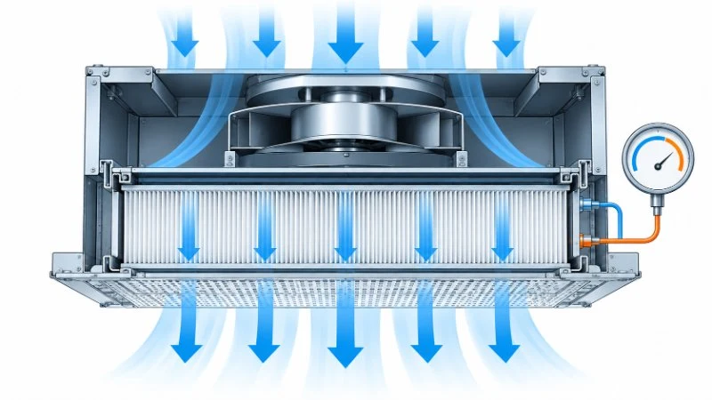 Schematische Darstellung einer FFU mit Ventilator, Filter und Differenzdruckanzeige sowie Luftstrom durch das Filtermedium.