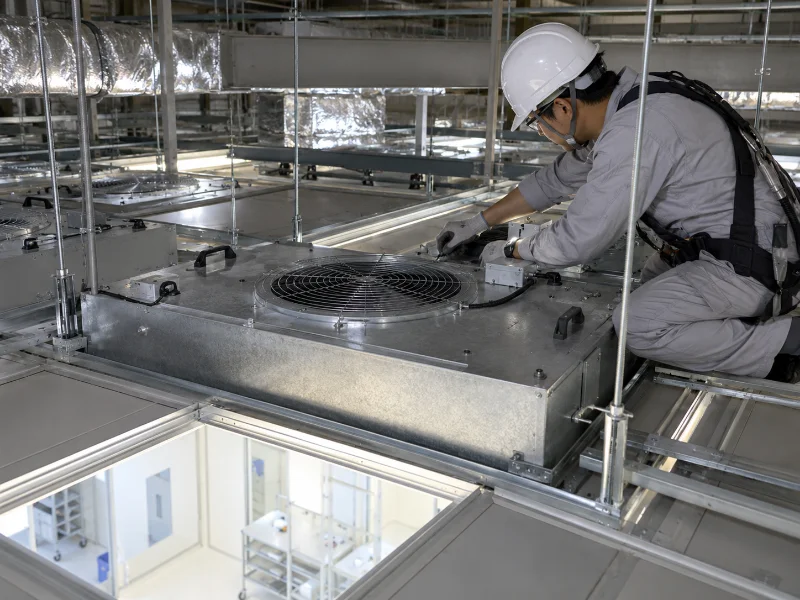 Techniker bei der Montage einer Fan-Filter-Unit (FFU) im Deckensystem eines Reinraums.