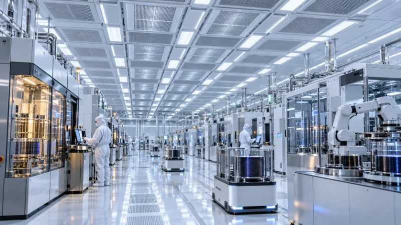 Reinraum in der Halbleiterfertigung mit automatisierten Produktionsanlagen, Personal in Reinraumkleidung und großflächigen Deckenmodulen.